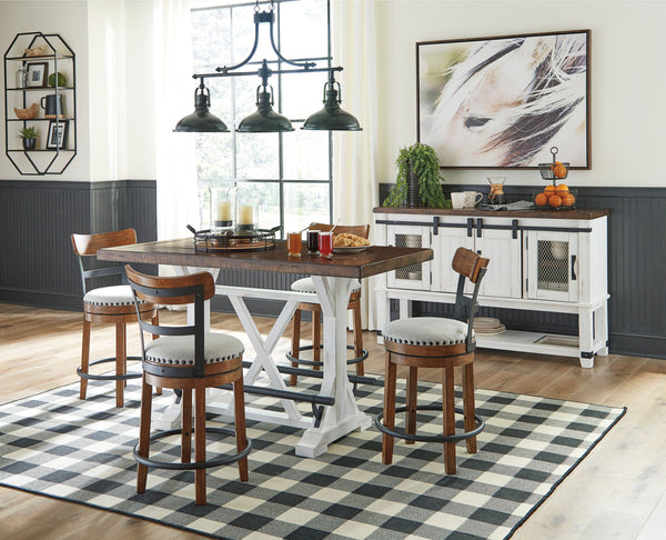 Valebeck - Counter Height Table Set White 6 Pc. - Rectangular Dining Room Counter Table, 4 Upholstered Counter Height Barstools, Dining Room Server