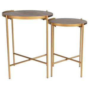 Malka - 2 Piece Round Wood Nesting Table - Dark Brown And Gold