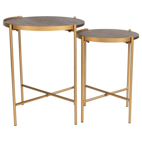 Malka - 2 Piece Round Wood Nesting Table - Dark Brown And Gold