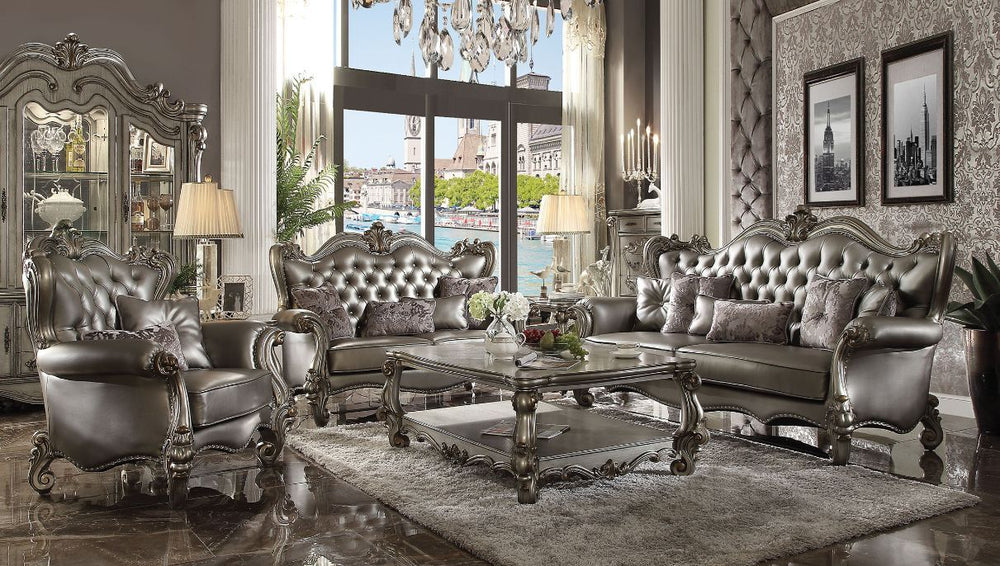 Versailles - Sofa With 6 Pillows - Silver Synthetic Leather & Antique Platinum