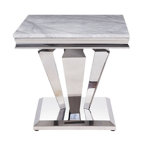 Satinka - End Table - Light Gray Printed Faux Marble Top & Mirrored Silver