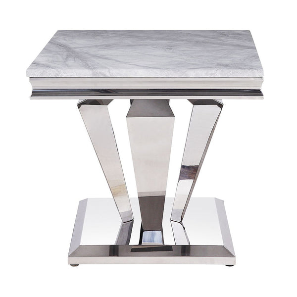 Satinka - End Table - Light Gray Printed Faux Marble Top & Mirrored Silver