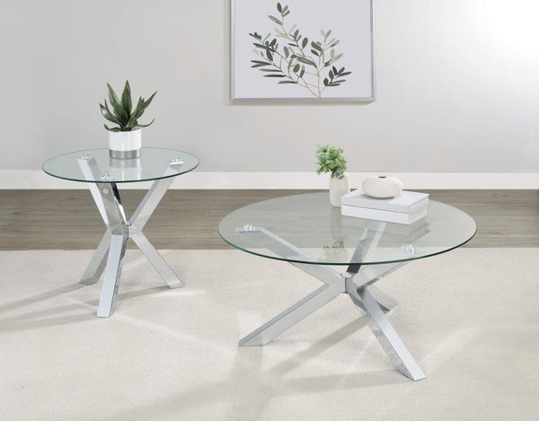 Kenzie - Round Coffee Table Set Pearl Silver 2 Pc. Coffee Table, End Table