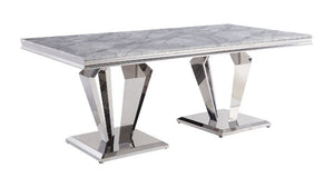 Satinka - Dining Table - Light Gray Printed Faux Marble Top & Mirrored Silver
