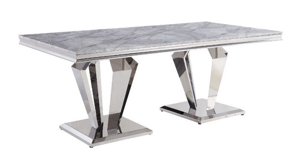 Satinka - Dining Table - Light Gray Printed Faux Marble Top & Mirrored Silver