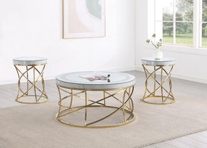 Elise - Round Mirror Top Coffee Table Set Gold 3 Pc. Coffee Table, 2 End Tables