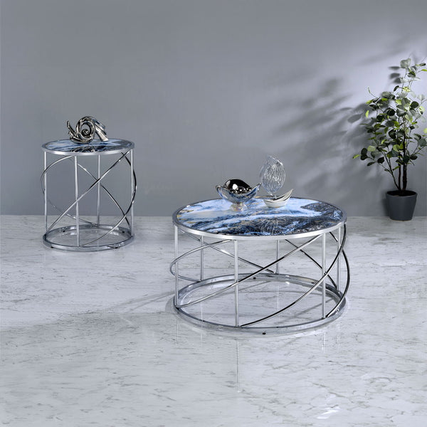 Lyda - Coffee Table - Blue Marble Print & Chrome