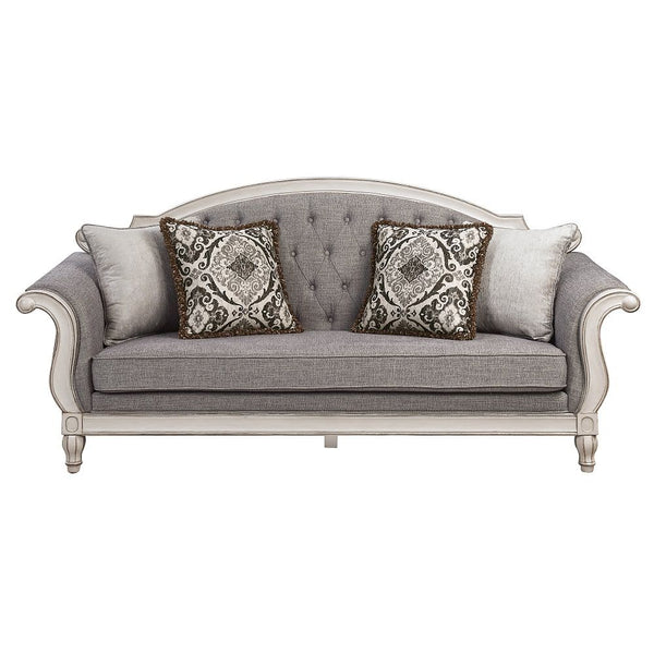 Florian - Sofa With 4 Pillows - Gray Fabric & Antique White