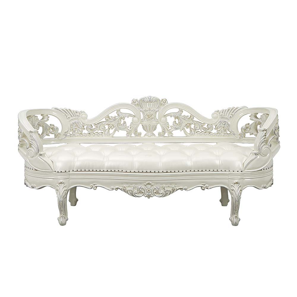 Adara - Bench - Pearl White Synthetic Leather & Antique White