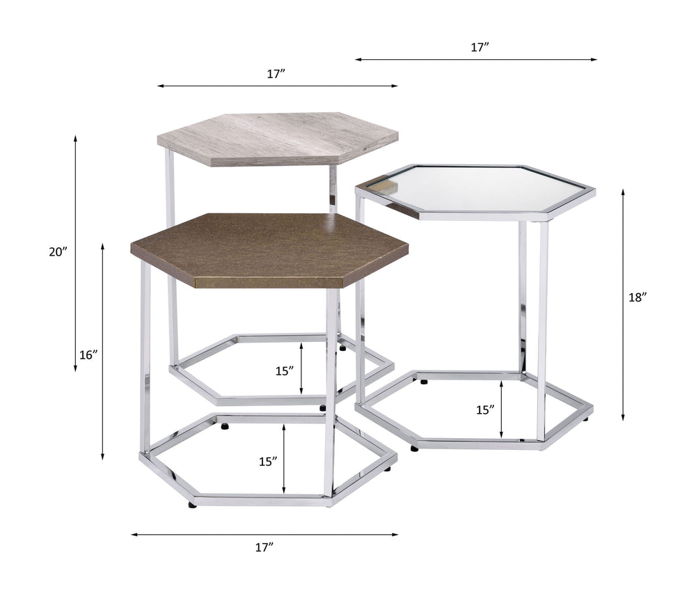Simno - Nesting Table Set - Clear Glass, Taupe, Gray Washed & Chrome