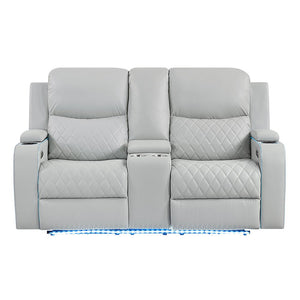 Elonzo - Power Motion Loveseat With Console, LED, Power Headrest & Speaker - Light Gray