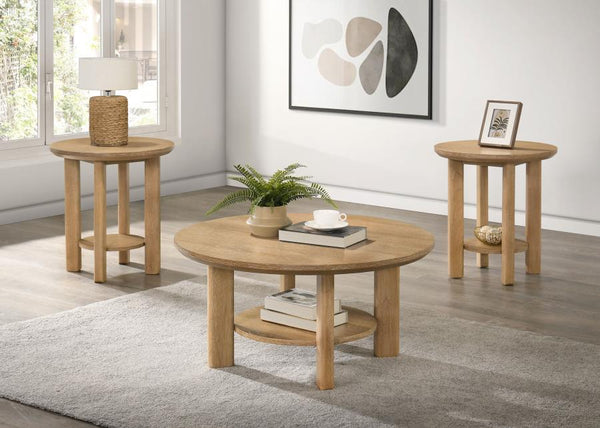 Ottowa - Round Wood Coffee Table Set Light Brown 3 Pc. Coffee Table, 2 End Tables