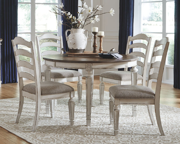 Realyn - Oval Dining Table Set White 5 Pc. - Oval Dining Room Extension Table, 4 Upholstered Ladderback Side Chairs