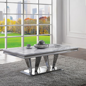 Satinka - Coffee Table - Light Gray Printed Faux Marble Top & Mirrored Silver