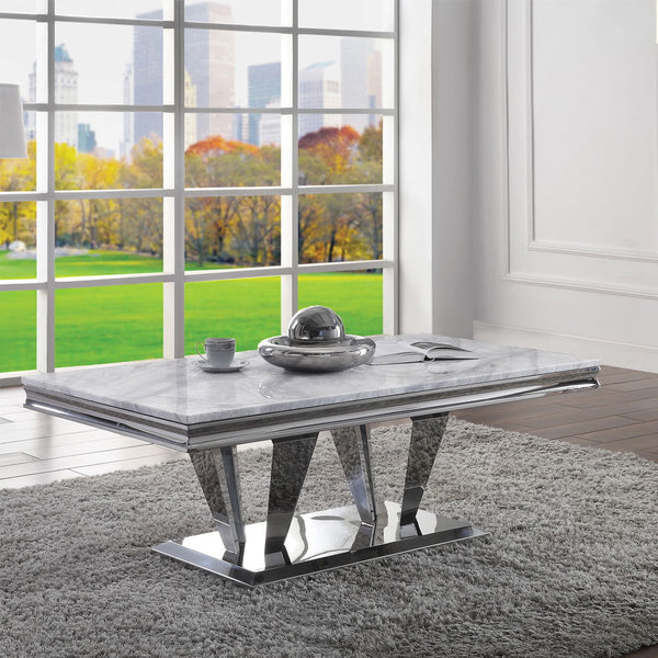 Satinka - Coffee Table - Light Gray Printed Faux Marble Top & Mirrored Silver