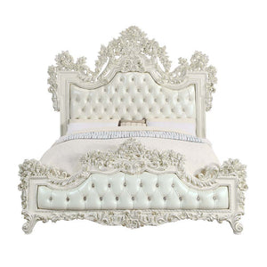 Adara - Eastern King Bed - Pearl White Synthetic Leather & Antique White