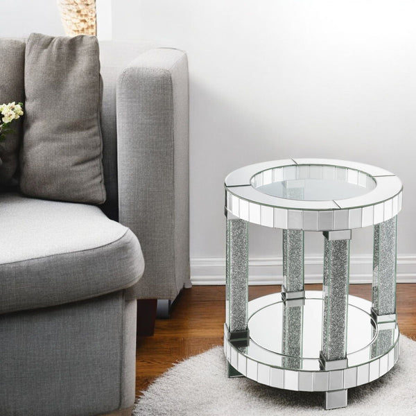 Noralie - 20" Round End Table - Mirrored & Faux Diamonds