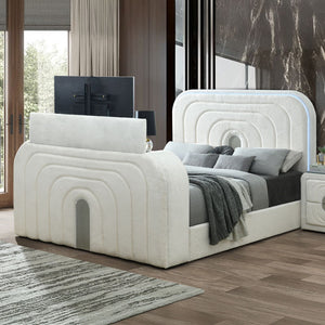 Shelyn - Bed With LED, TV Cabinet, Fireplace & Bluetooth White Teddy Sherpa & Chrome