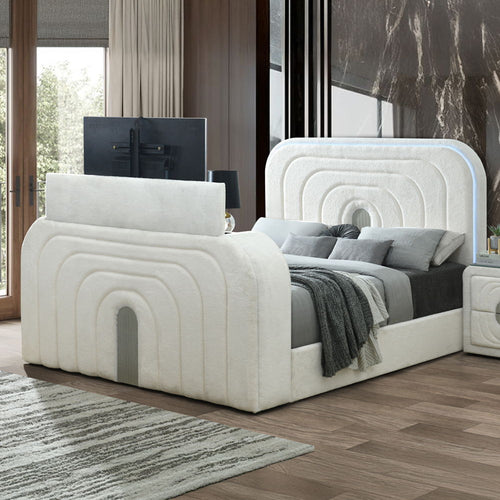 Shelyn - Bed With LED, TV Cabinet, Fireplace & Bluetooth White Teddy Sherpa & Chrome