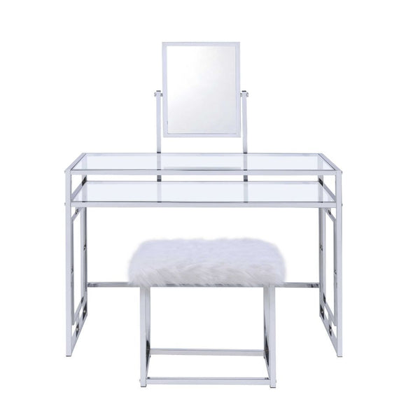 Carenze II - Vanity Set - White Faux Fur & Chrome