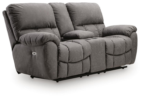 Bakerstein - Power Reclining Loveseat/Console/Adjustable Headrest - Galaxy