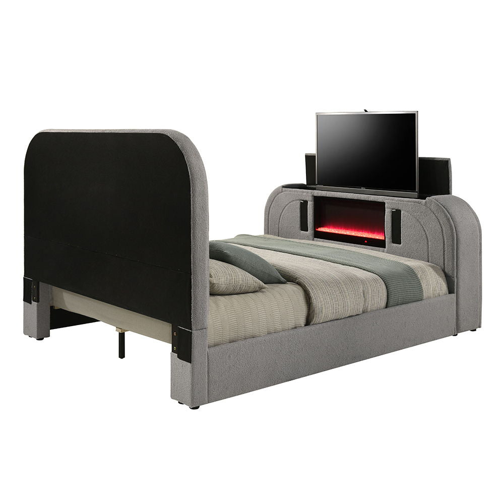 Shelyn - Bed With Led, TV Stand, Fireplace & Bluetooth Gray Teddy Sherpa & Chrome