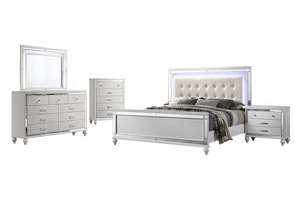 Valentino - Bedroom Set White 5 Pc. Bed, Dresser, Mirror, Chest, Nightstand Queen