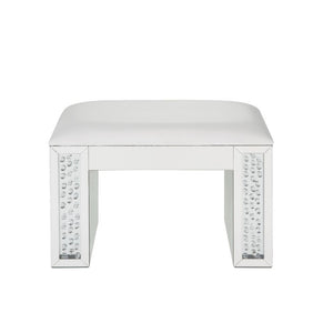 Nysa - Vanity Stool - Ivory Synthetic Leather , Mirrored & Faux Crystals
