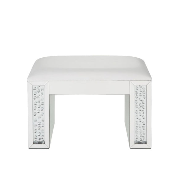 Nysa - Vanity Stool - Ivory Synthetic Leather , Mirrored & Faux Crystals