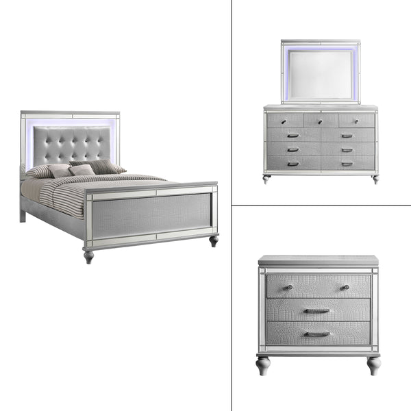 Valentino - Bedroom Set Pearl Silver 4 Pc. Bed, Dresser, Mirror, Nightstand Queen