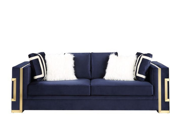 Virrux - Sofa With 6 Pillows - Blue Velvet & Gold