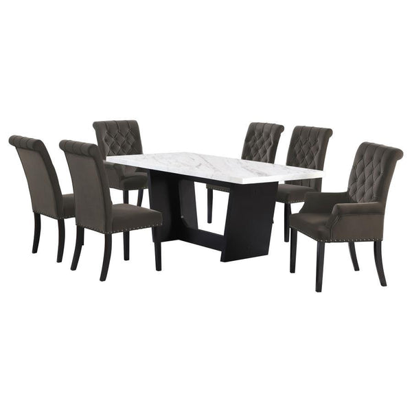 Sherry - Rectangular Marble Top Dining Table Set White 7 Pc. Table, 6 Chairs