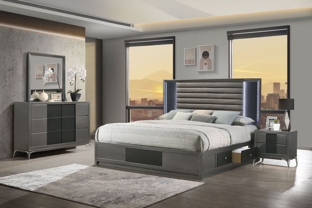 Nocturne - 6/6 Eastern KIng 4 Piece Bedroom Set (Bed, Dresser, Mirror, Nightstand) - Gray