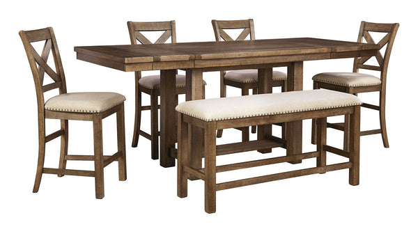 Moriville - Rectangular Dining Table Set - Counter Height Dark Gray 6 Pc. - Rectangular Dining Room Counter Extension Table, 4 Upholstered Barstools, Double Upholstered Bench