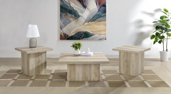 Devar - Square Coffee End Table Set - Distressed Pine Light Brown 3 Pc. Coffee Table, 2 End Tables