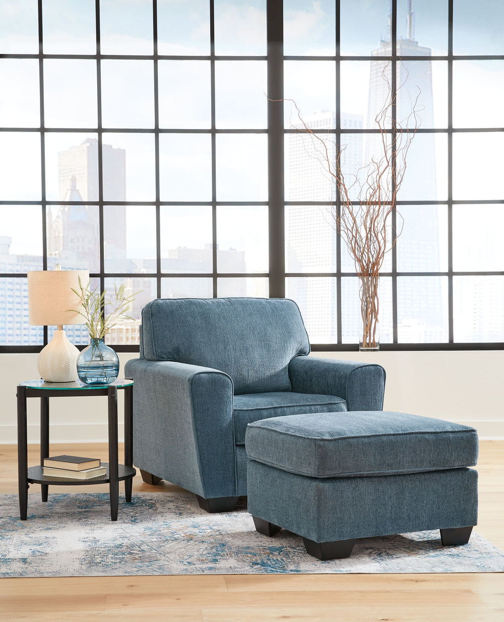 Cashton - Living Room Set Blue 2 Pc. Chair, Ottoman
