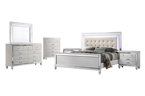 Valentino - Bedroom Set White 6 Pc. Bed, Dresser, Mirror, Chest, 2 Nightstands King