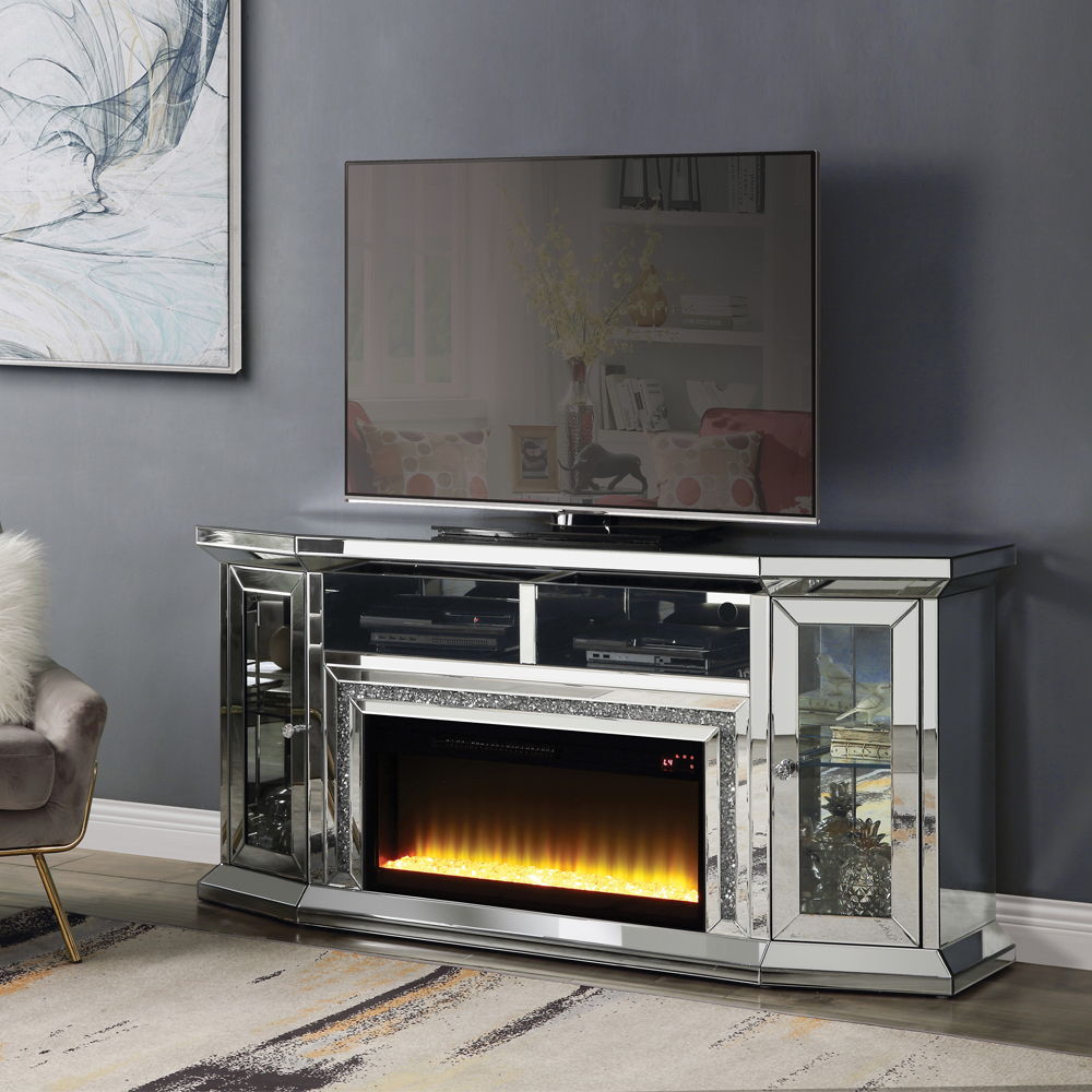 Noralie - 32" TV Stand With Fireplace & LED - Mirrored & Faux Diamonds