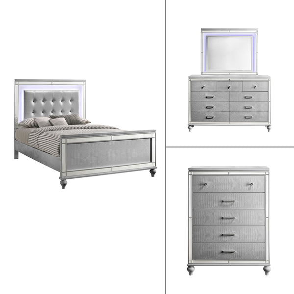 Valentino - Bedroom Set Pearl Silver 4 Pc. Bed, Dresser, Mirror, Chest Queen
