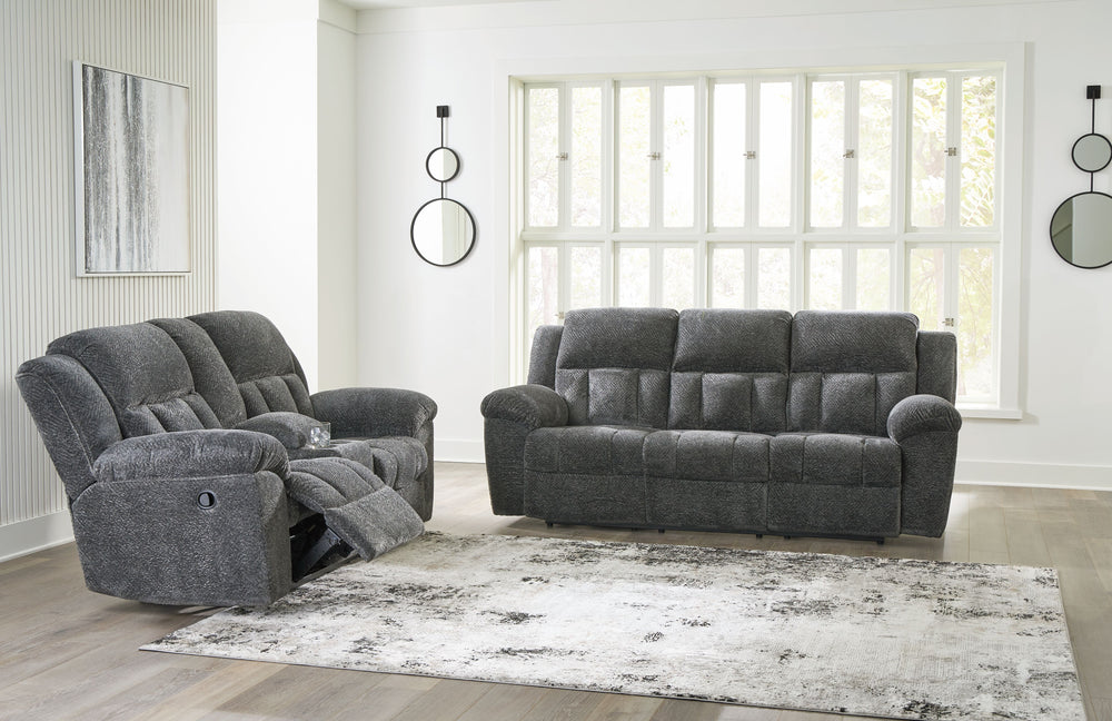 Frohn - Reclining Living Room Set Dark Gray 2 Pc. Reclining Sofa, Reclining Loveseat With Console