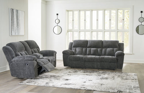 Frohn - Reclining Living Room Set Dark Gray 2 Pc. Reclining Sofa, Reclining Loveseat With Console
