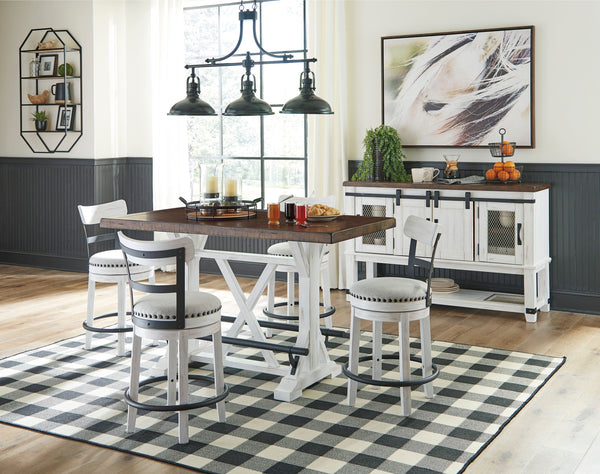 Valebeck - Counter Height Table Set White 6 Pc. - Rectangular Dining Room Counter Table, 4 Upholstered Swivel Barstools, Dining Room Server