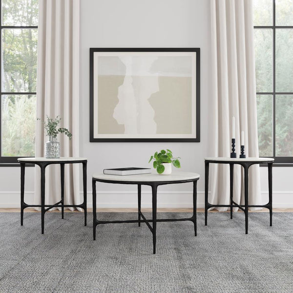 Hermas - Round Marble Coffee And End Table Set Black 3 Pc. Coffee Table, 2 End Tables
