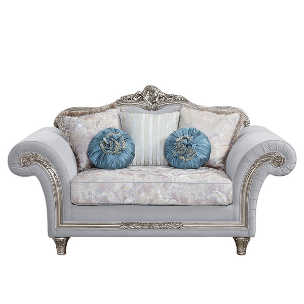 Pelumi - Loveseat With 5 Pillows - Light Gray Linen & Platinum