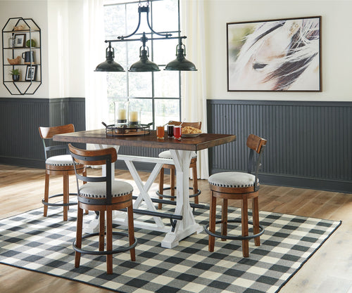 Valebeck - Counter Height Table Set White 5 Pc. - Rectangular Dining Room Counter Table, 4 Upholstered Swivel Barstools
