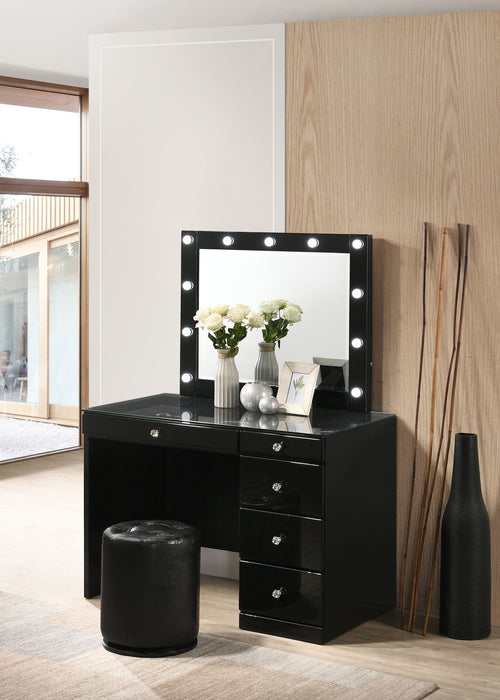 Morgan - Vanity Desk With Glass Top, Led Mirror & Stool Black